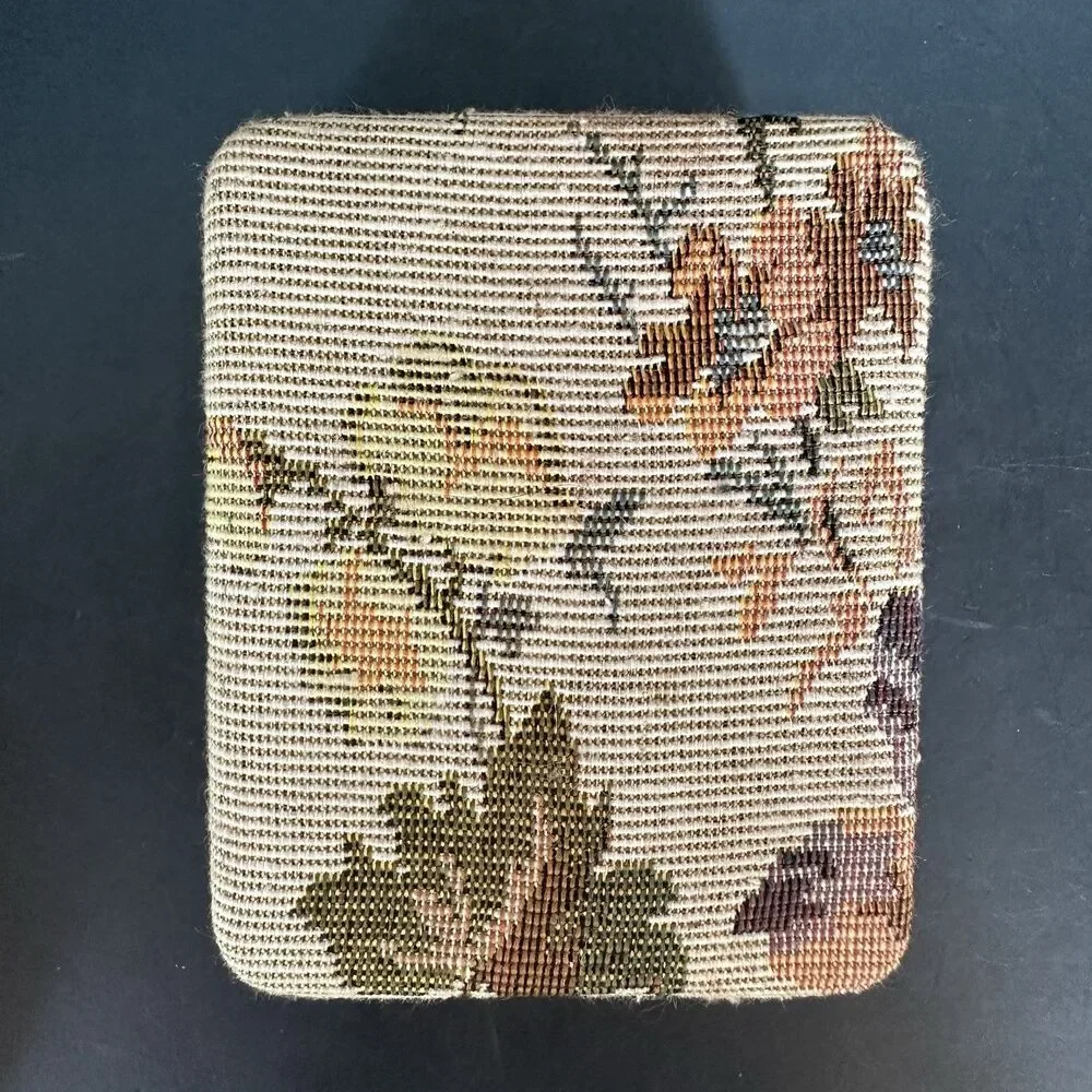 Vintage Tapestry Jewelry Box Travel Case Floral Needlepoint Coquette Case Holder